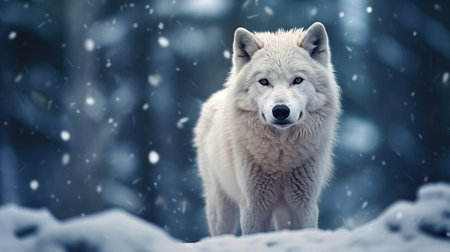Wild white wolf in snow blurred background. AI generated imageの素材