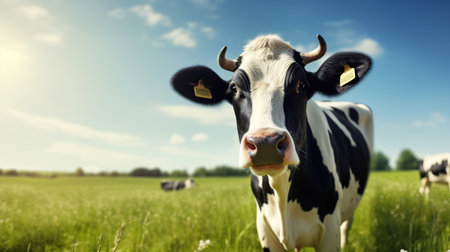 Dairy cow on the green grass field background. AI generated imageの素材