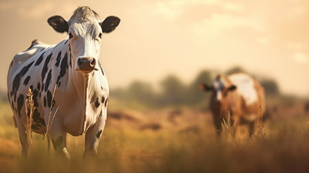 Dairy cow on the green grass field background. AI generated imageの素材