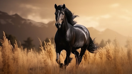Beautiful black horse galloping in the field at sunset. AI generated imageの素材