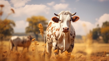 Dairy cow on the green grass field background. AI generated imageの素材