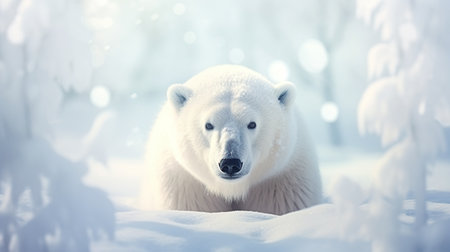 White Polar Bear on winter snow background. AI generated imageの素材