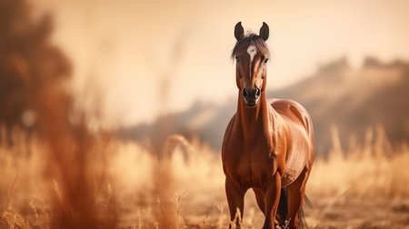 Beautiful brown horse galloping in the field at sunset. AI generated imageの素材