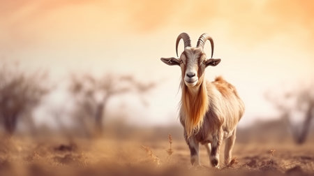 Adult goat with big horns isolated blurred background. AI generated imageの素材