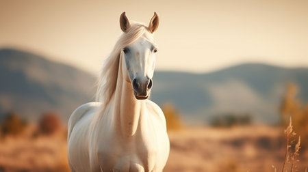Beautiful white horse galloping in the field at sunset. AI generated imageの素材