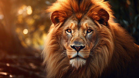 Wild lion animal in blurred nature background. AI generated imageの素材