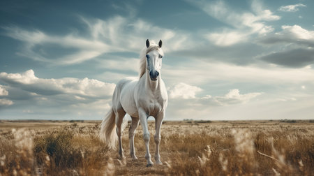 Beautiful white horse galloping in the field at sunset. AI generated imageの素材