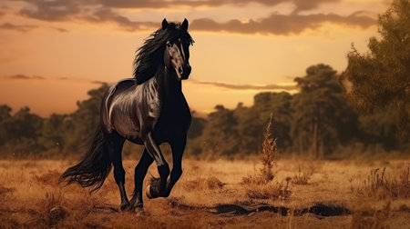 Beautiful black horse galloping in the field at sunset. AI generated imageの素材
