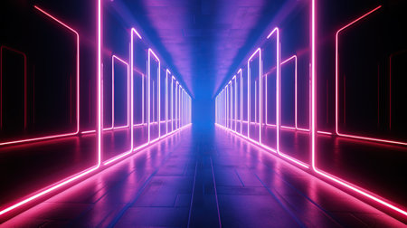 Empty futuristic illuminated corridor with neon light background. AI generated imageの素材