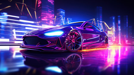 Sport car with illuminated neon lights on a dark background. AI generated imageの素材