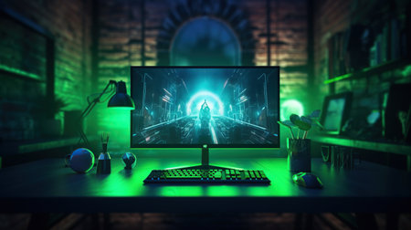 Close up of a computer with illuminated glowing display technology. AI generated imageの素材