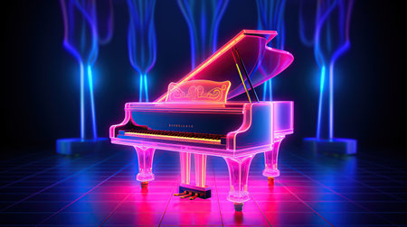 Piano on illuminated neon light background. AI generated imageの素材