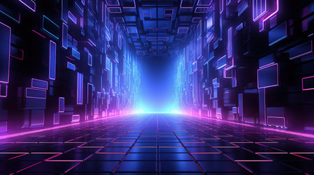Empty futuristic illuminated corridor with neon light background. AI generated imageの素材