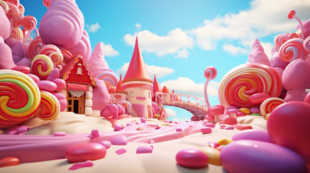 Beautiful fairy tale city in form candy in pastel colors. AI generated imageの素材