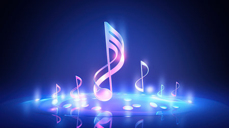 Music note symbol illuminated on neon light background. AI generated imageの素材