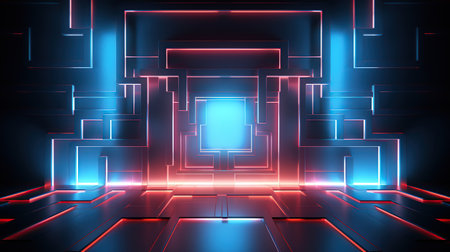 Empty futuristic illuminated corridor with neon light background. AI generated imageの素材