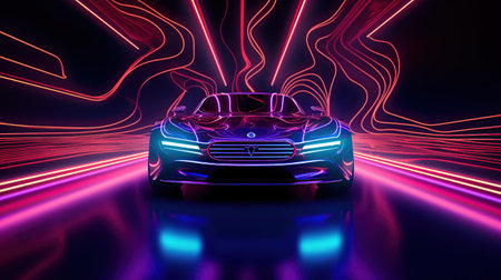 Sport car with illuminated neon lights on a dark background. AI generated imageの素材