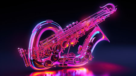 Saxophone on illuminated neon light background. AI generated imageの素材