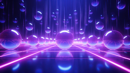 Illuminated 3d glass transparent sphere purple blue holographic background.AI generated imageの素材