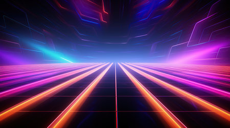 Neon Blue pink violet stage lighting illuminated, lens flare effect, shining star rays.AI generatedの素材