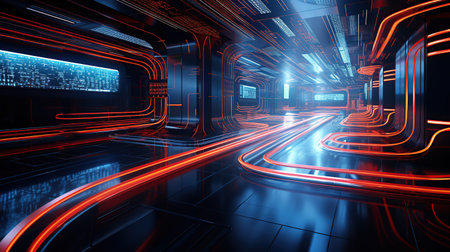 Empty futuristic illuminated corridor with neon light background. AI generated imageの素材