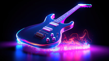 Guitar on illuminated neon light background. AI generated imageの素材