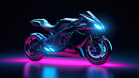 Motorcycle with illuminated neon lights on a dark background. AI generated imageの素材