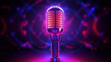 Microphone with illuminated neon lights on a dark background.AI generated imageの素材