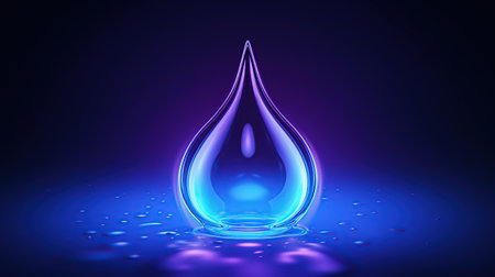 Close up crystal water droplet with illuminated neon background. AI generated imageの素材