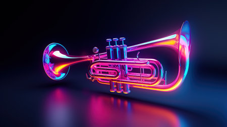 Trumpet on illuminated neon light background. AI generated imageの素材