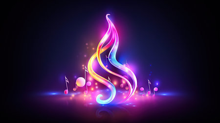 Music note symbol illuminated on neon light background. AI generated imageの素材