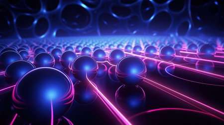 Illuminated 3d glass transparent sphere purple blue holographic background.AI generated imageの素材