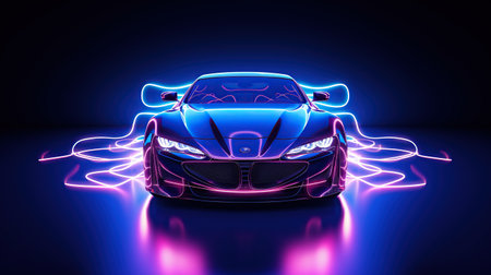 Sport car with illuminated neon lights on a dark background. AI generated imageの素材