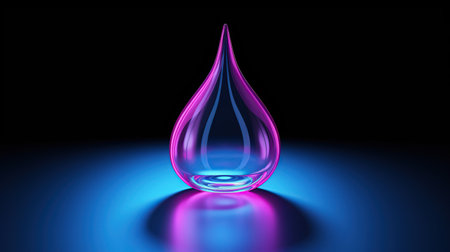 Close up crystal water droplet with illuminated neon background. AI generated imageの素材