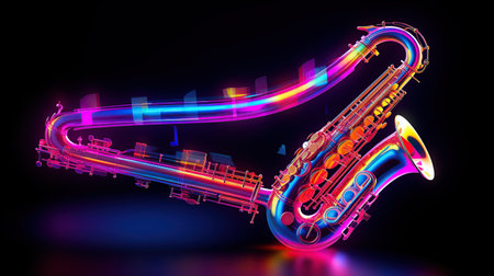 Saxophone on illuminated neon light background. AI generated imageの素材