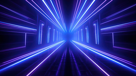 Empty futuristic illuminated corridor with neon light background. AI generated imageの素材