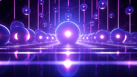 Illuminated 3d glass transparent sphere purple blue holographic background.AI generated imageの素材