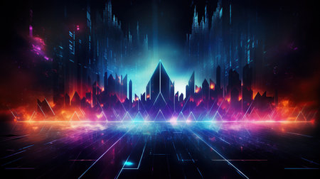 Empty futuristic illuminated geometric with neon light background. AI generated imageの素材