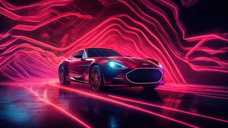 Sport car with illuminated neon lights on a dark background. AI generated imageの素材