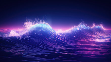 Abstract sea wave illuminated neon light background. AI generated imageの素材