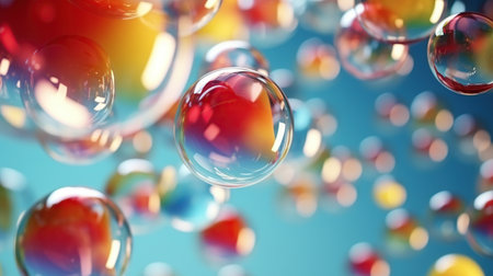 Rendering transparent sphere reflection multicolored Marbles background. AI generatedの素材