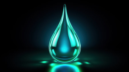 Close up crystal water droplet with illuminated neon background. AI generated imageの素材