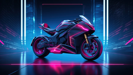 Motorcycle with illuminated neon lights on a dark background. AI generated imageの素材