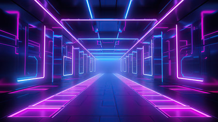 Empty futuristic illuminated corridor with neon light background. AI generated imageの素材