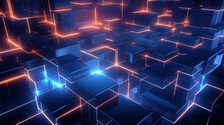 Empty futuristic illuminated geometric with neon light background. AI generated imageの素材