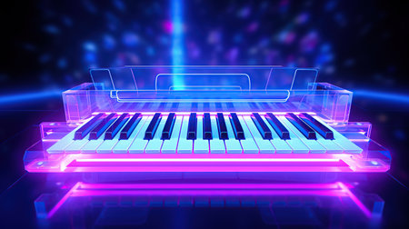 Musical keyboard on illuminated neon light background. AI generated imageの素材