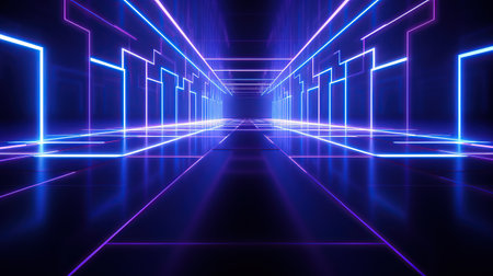Empty futuristic illuminated corridor with neon light background. AI generated imageの素材