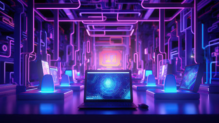 Close up of a laptop with illuminated glowing display technology. AI generated imageの素材