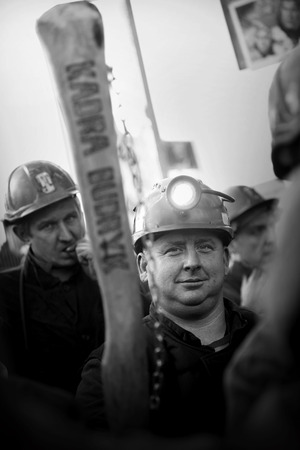 Omontowice, Poland - The Protest Action-of strike of Silesian miners and labor unionists at KWK Budryk against the liquidation of the mine on Silesia, in connection with the government-plan for the JastrzÄbie Coal-Companyのeditorial素材