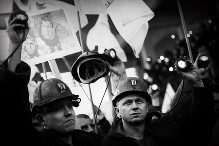 Omontowice, Poland - The Protest Action-of strike of Silesian miners and labor unionists at KWK Budryk against the liquidation of the mine on Silesia, in connection with the government-plan for the JastrzÄbie Coal-Companyのeditorial素材